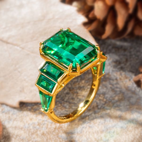 Golden Seven Stone Emerald Engagement Ring Unique Engagement Ring