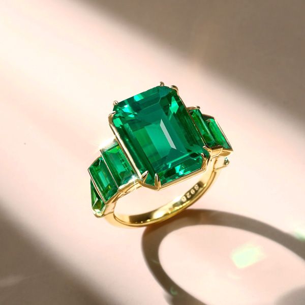 Golden Seven Stone Emerald Engagement Ring Unique Engagement Ring