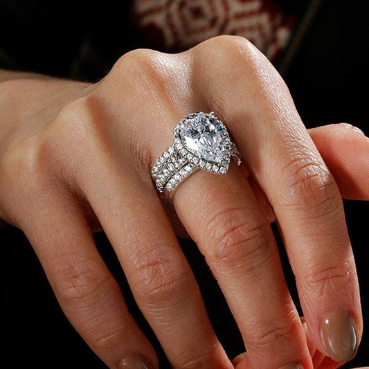 Halo Pear Cut Engagement Rings Sets In Sterling Silver