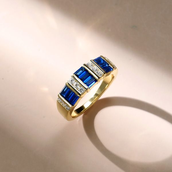 Italo Golden Emerald Cut Blue Sapphire Wedding Band