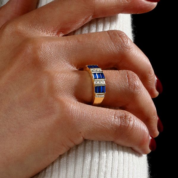 Italo Golden Emerald Cut Blue Sapphire Wedding Band