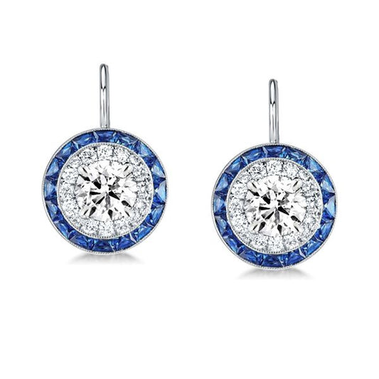 Luxury Halo Created White & Blue Sapphire Drop Earrings