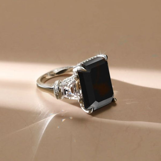 Italo Black Ring Emerald Cut Ring Three Stone Engagement Ring